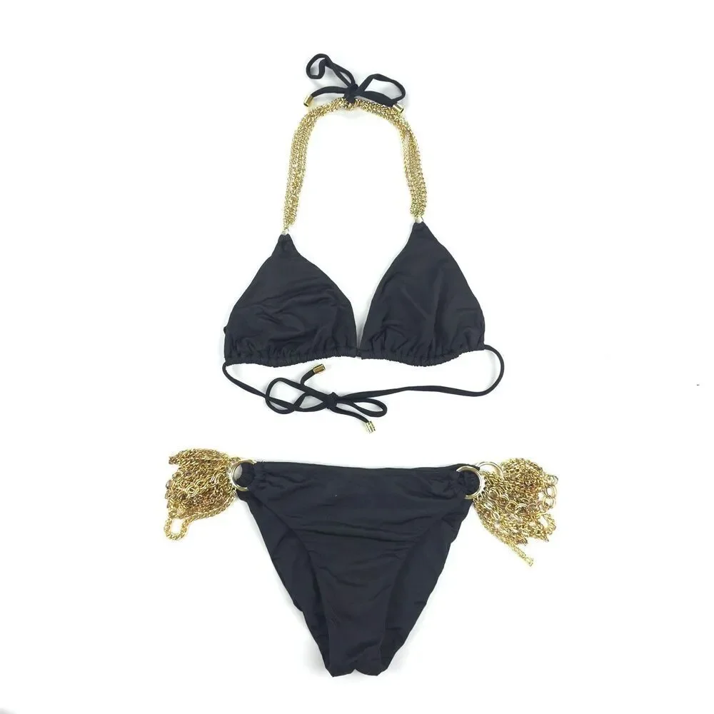 BEACH BUNNY Ball & Chain Triangle Bikini Top Ruched Chain Bottom Set 90s Y2k